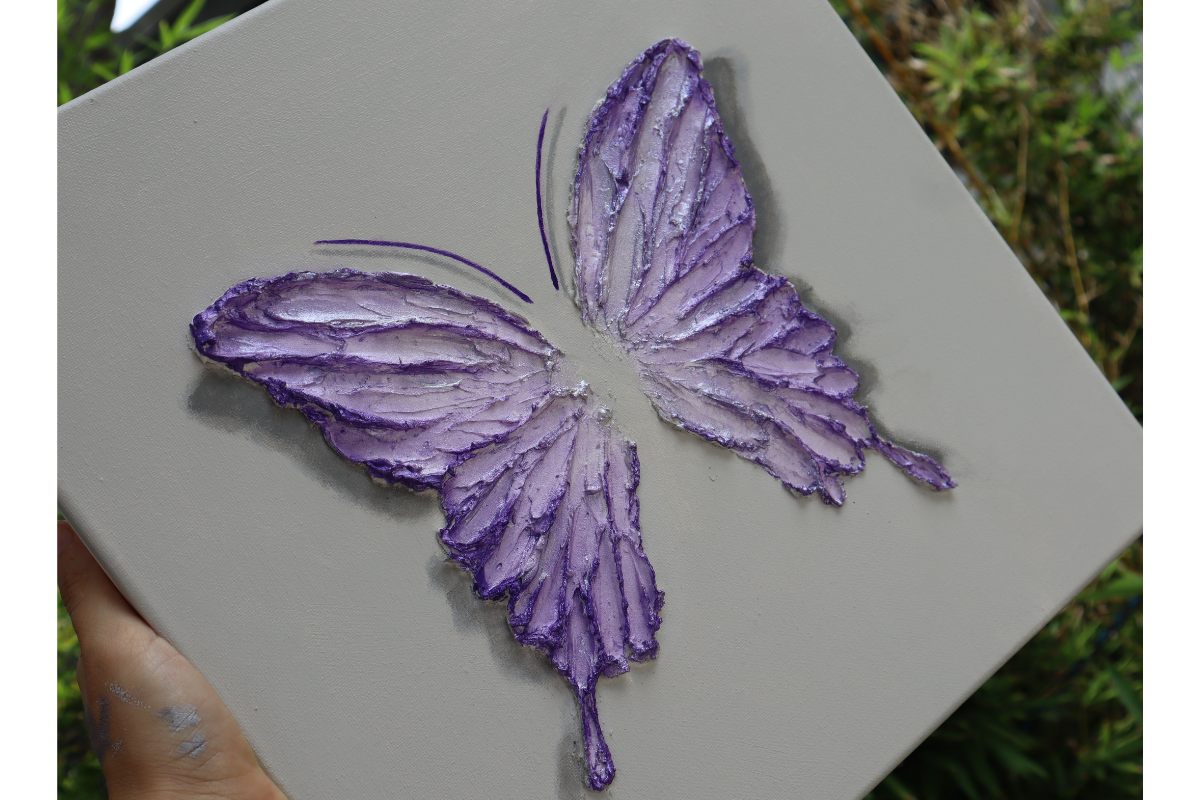 Amethyst Purple Open Wing Butterfly on Light Gray Canvas