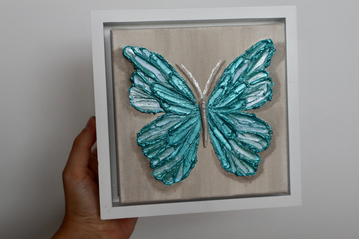 Ocean Open Wing Butterfly on Distressed Gray Canvas
