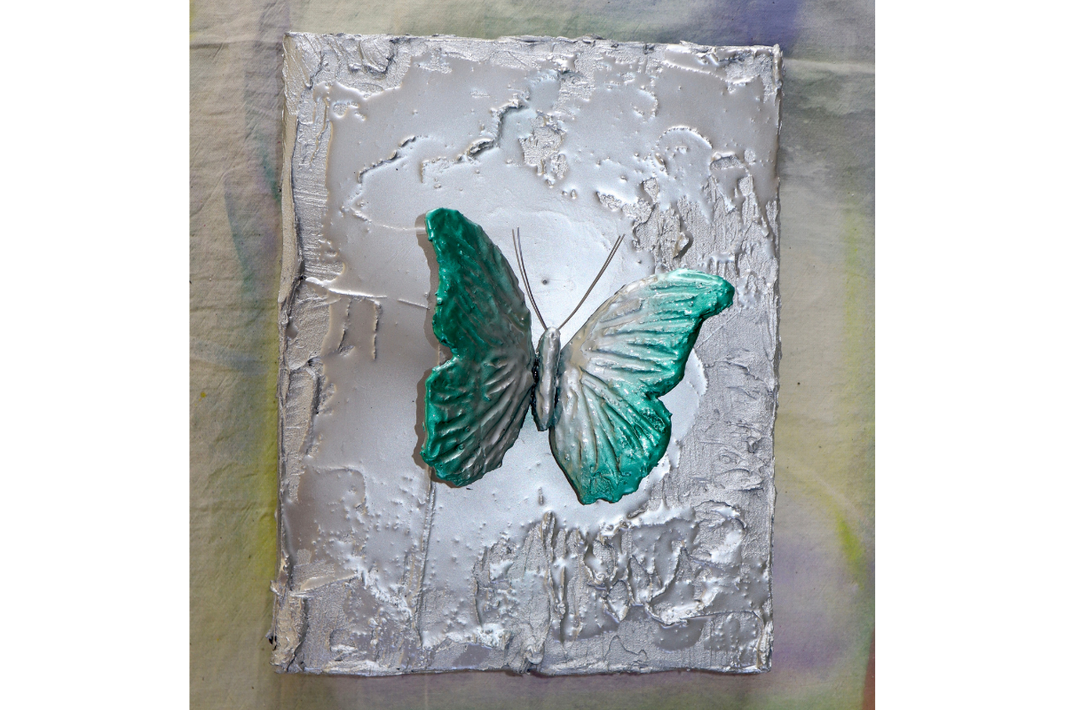 Green 3D Butterfly on Silver Background