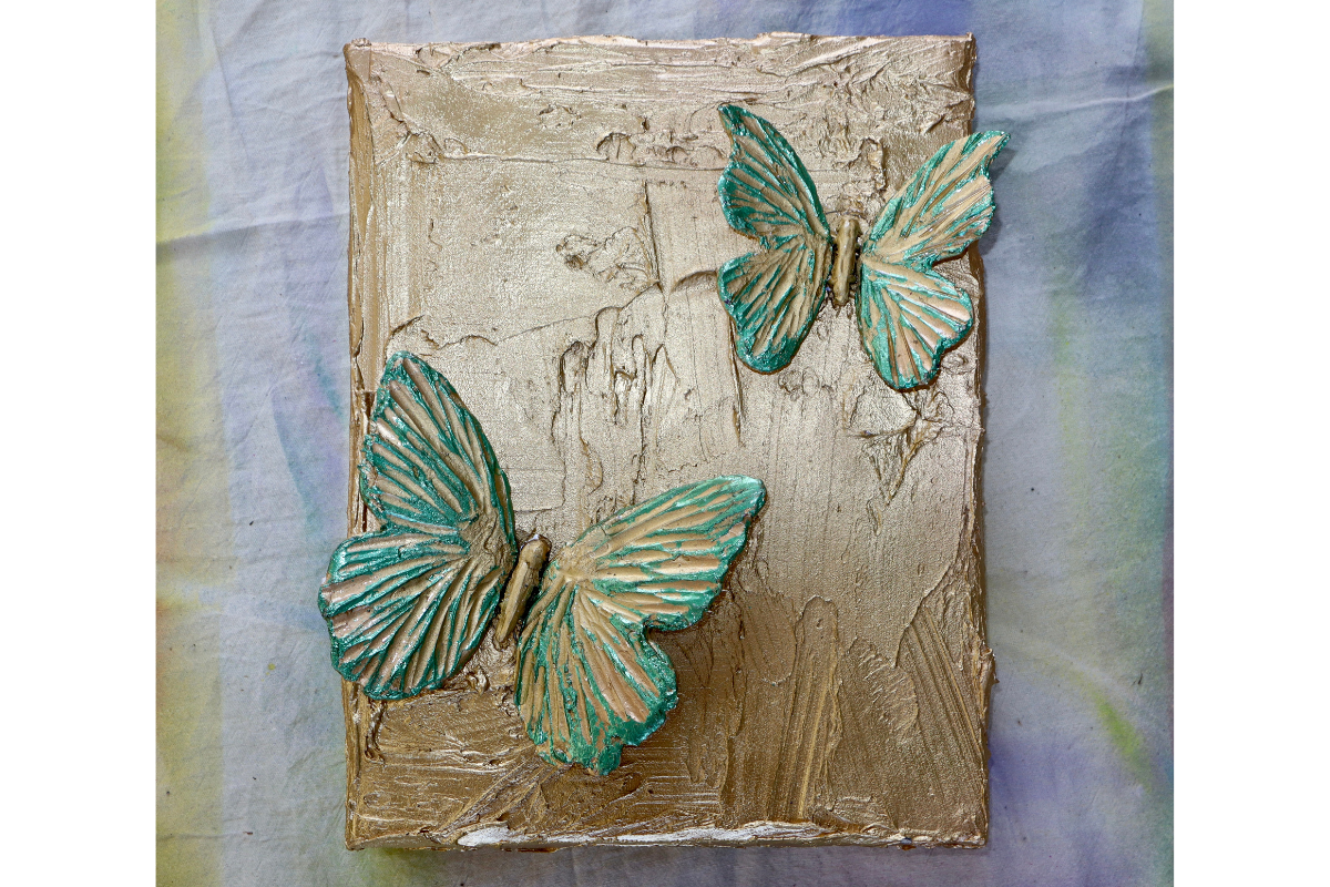 Teal & Gold 3D Butterfly on Gold Background