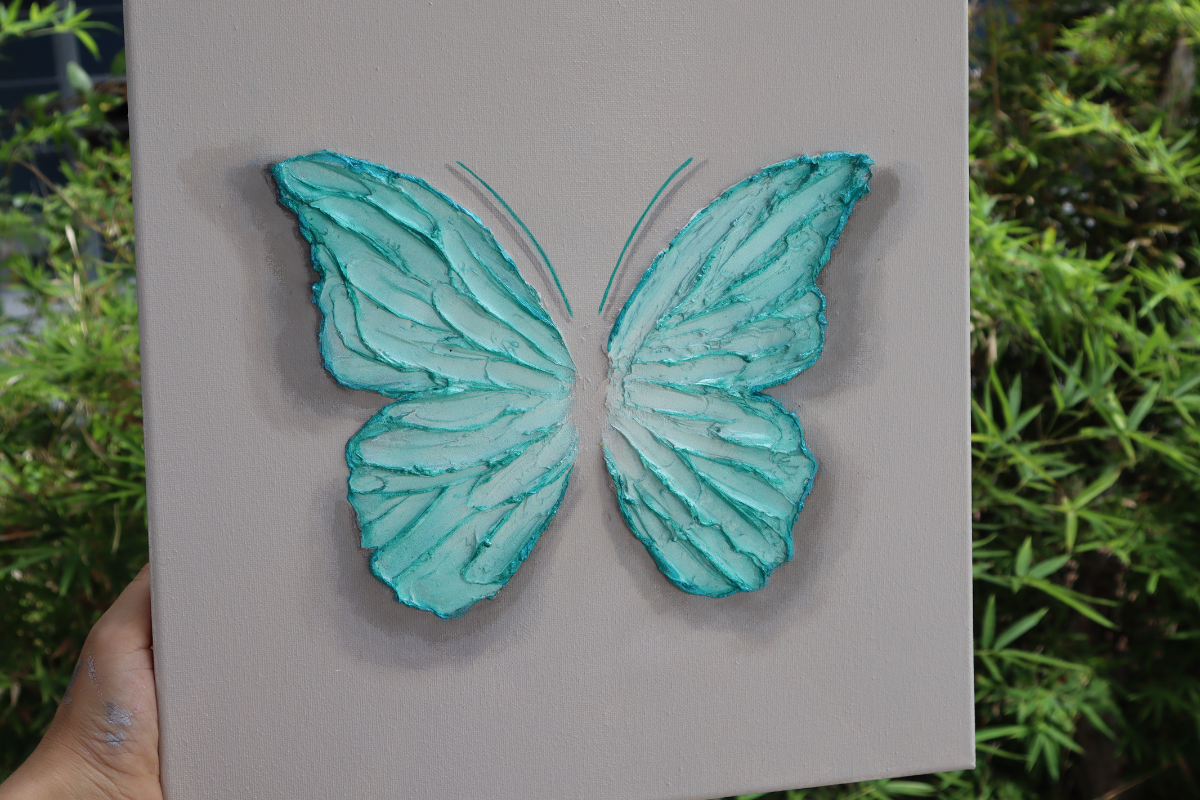 Tiffany Blue Elegant Open Wing Butterfly on Gray Canvas