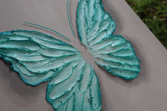 Tiffany Blue Elegant Open Wing Butterfly on Gray Canvas