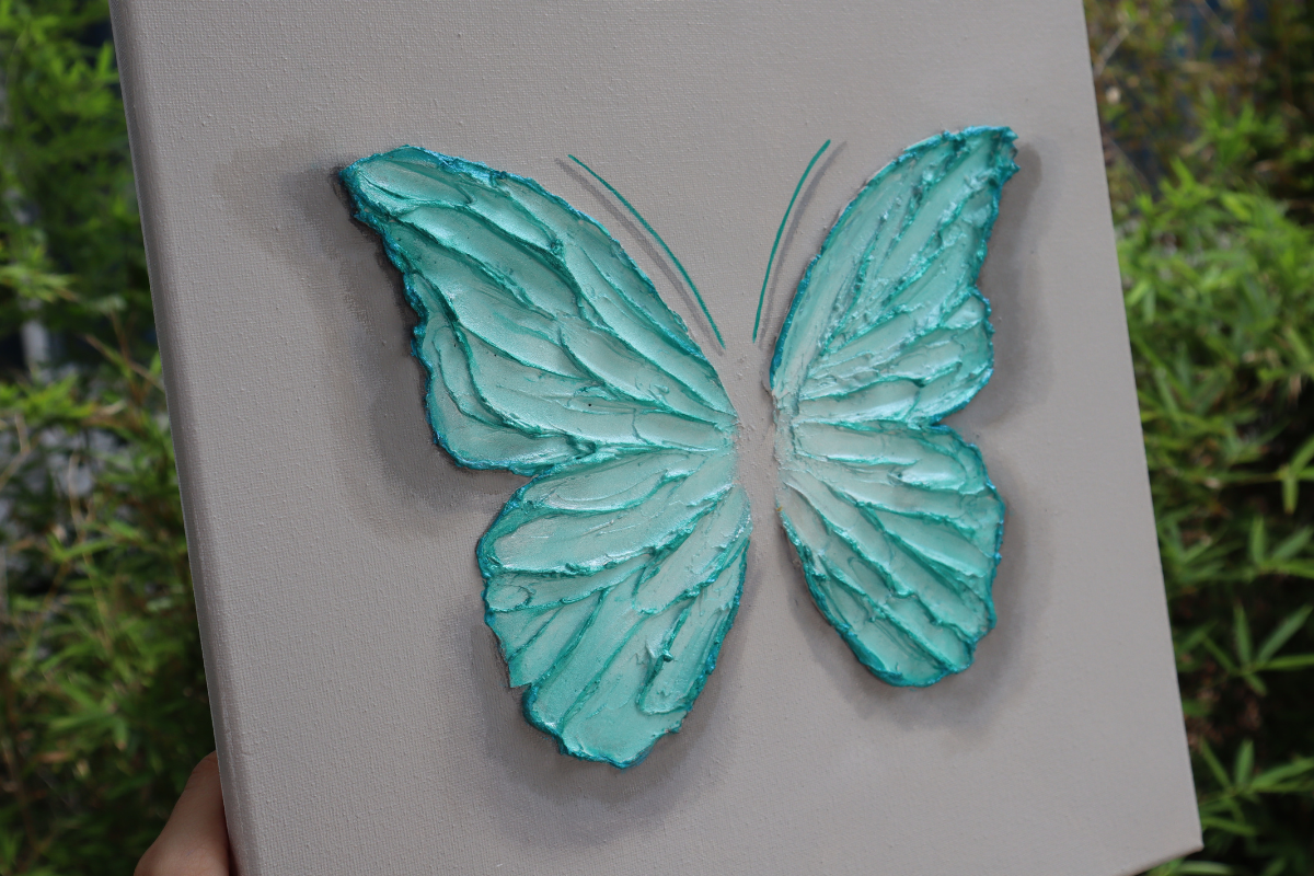 Tiffany Blue Elegant Open Wing Butterfly on Gray Canvas