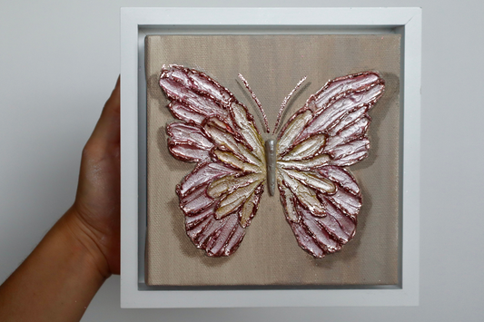 Rose Gold Open Wing Butterfly on Distressed Gray Canvas