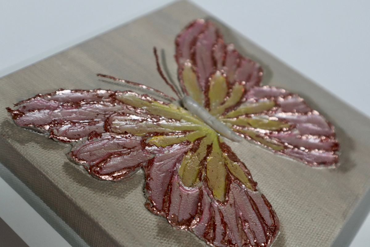 Rose Gold Open Wing Butterfly on Distressed Gray Canvas