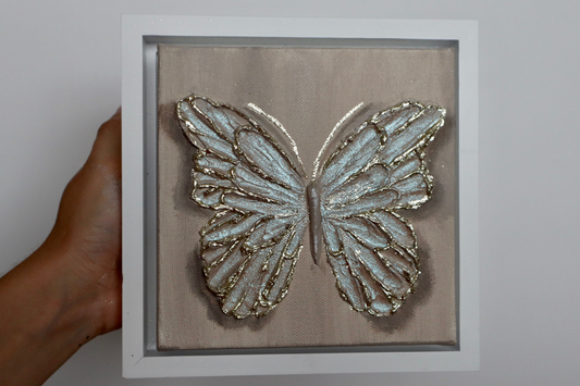 Seafoam Sparkle Open Wing Butterfly on Distressed Gray Canvas