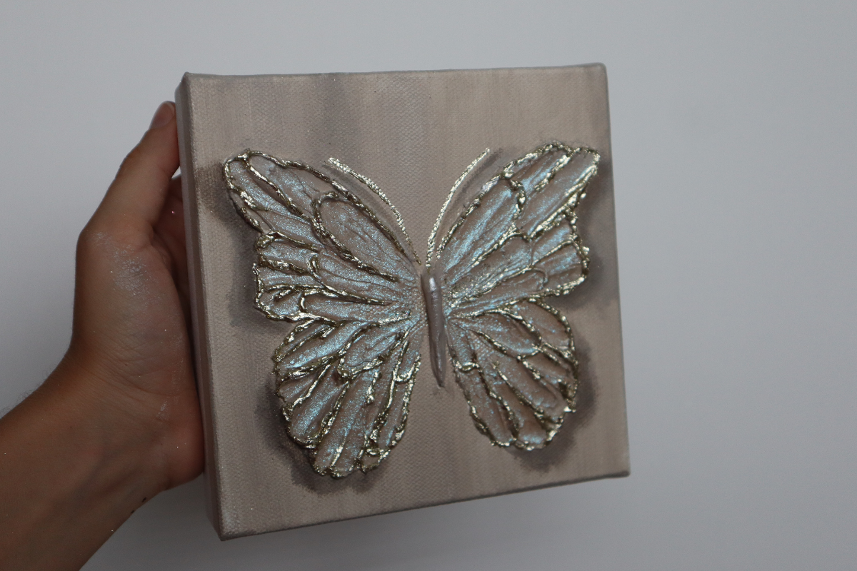 Seafoam Sparkle Open Wing Butterfly on Distressed Gray Canvas