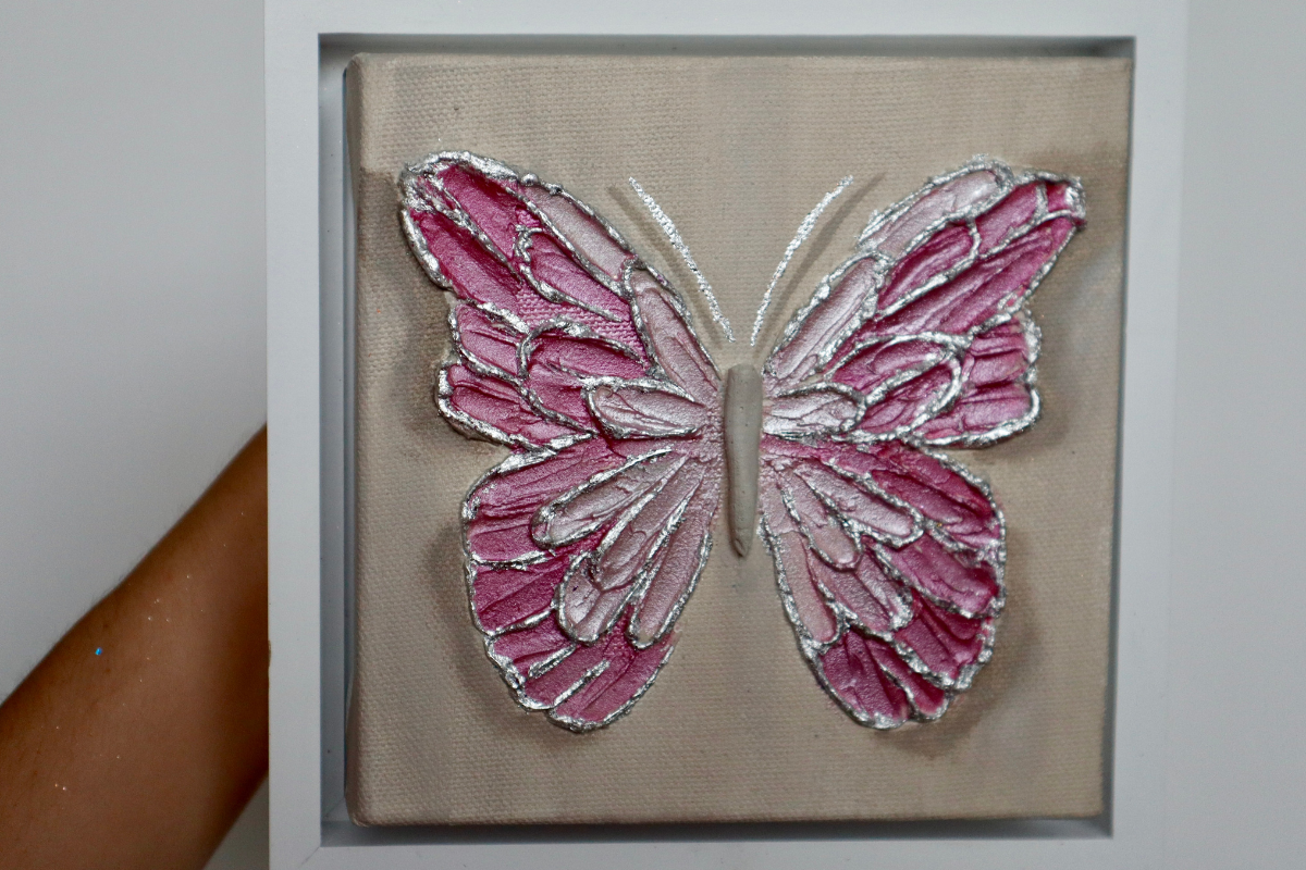 Taffy Pink Open Wing Butterfly on Distressed Gray Canvas